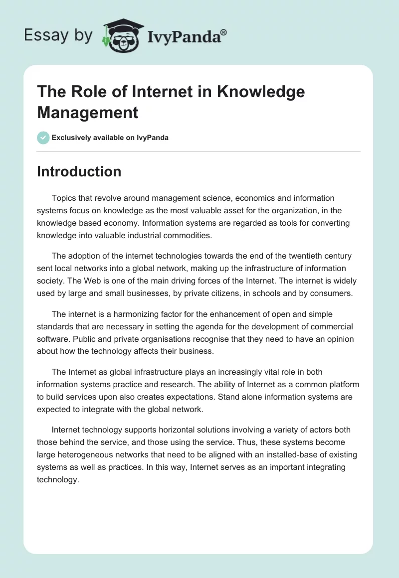The Role of Internet in Knowledge Management. Page 1