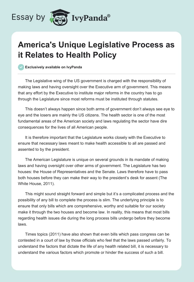 America's Unique Legislative Process as it Relates to Health Policy. Page 1