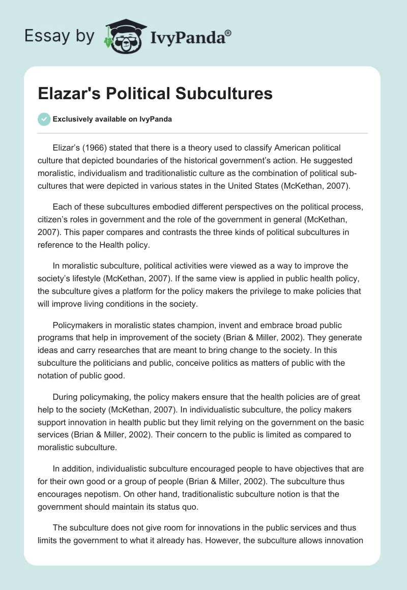 Elazar's Political Subcultures. Page 1