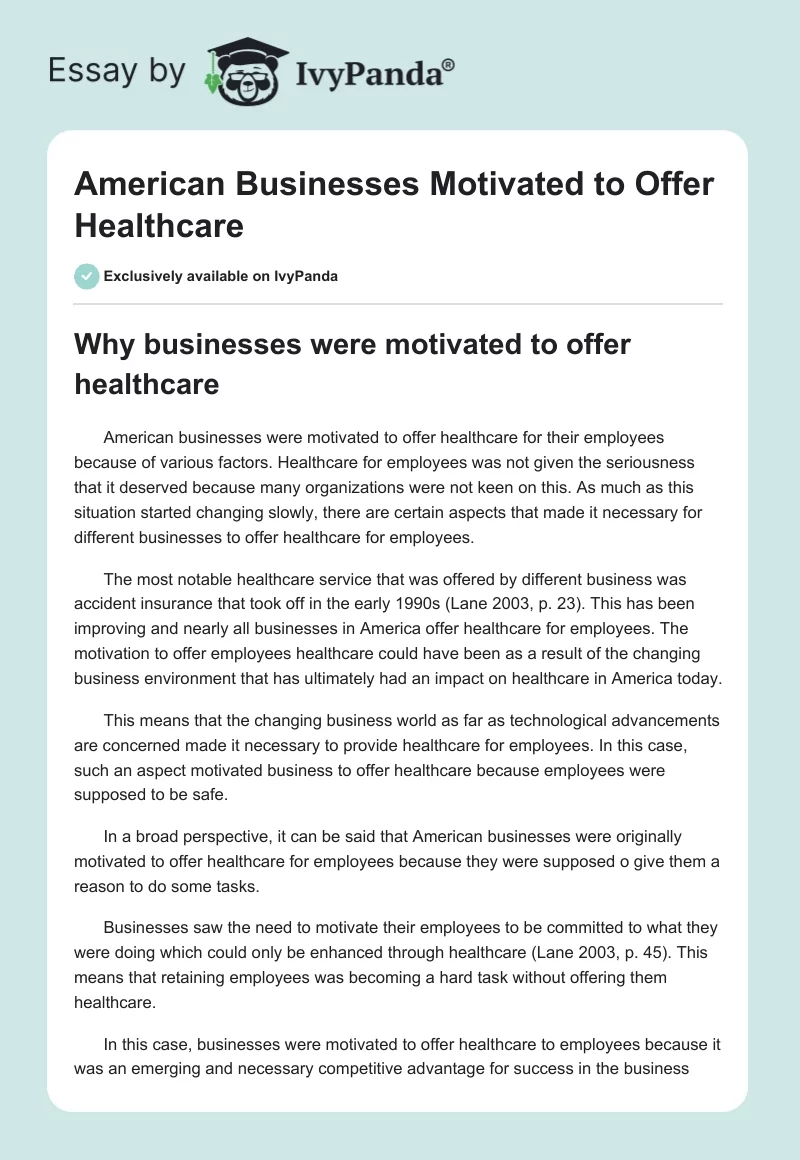 American Businesses Motivated to Offer Healthcare. Page 1