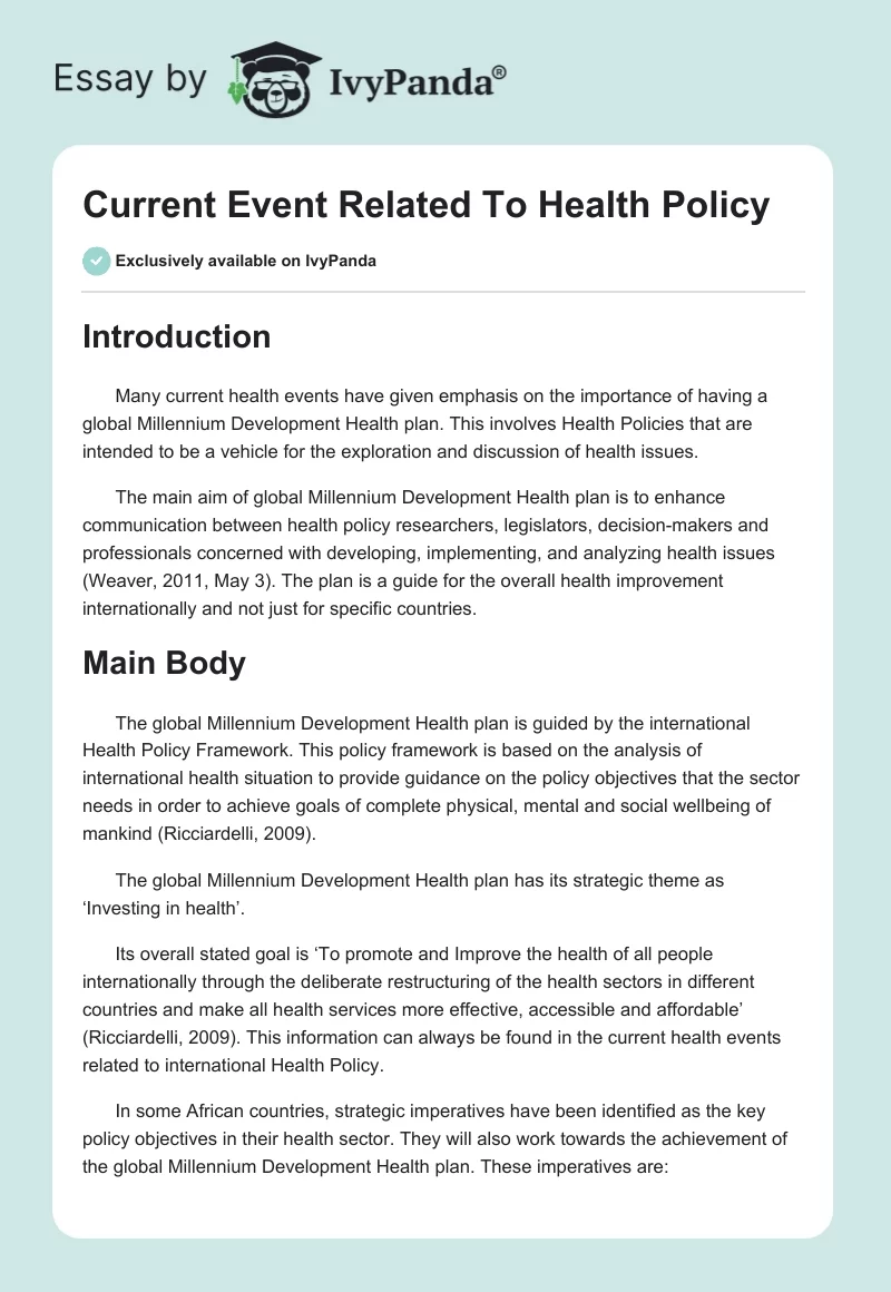 Current Event Related To Health Policy. Page 1