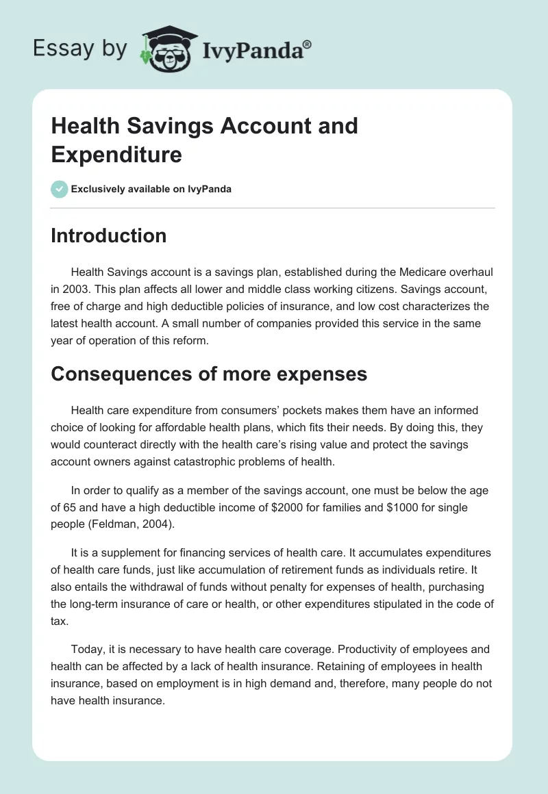Health Savings Account and Expenditure. Page 1