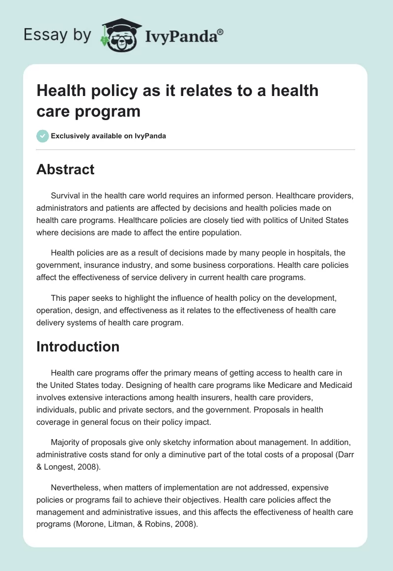 Health policy as it relates to a health care program. Page 1