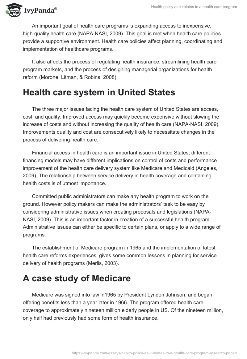 Health policy as it relates to a health care program. Page 2
