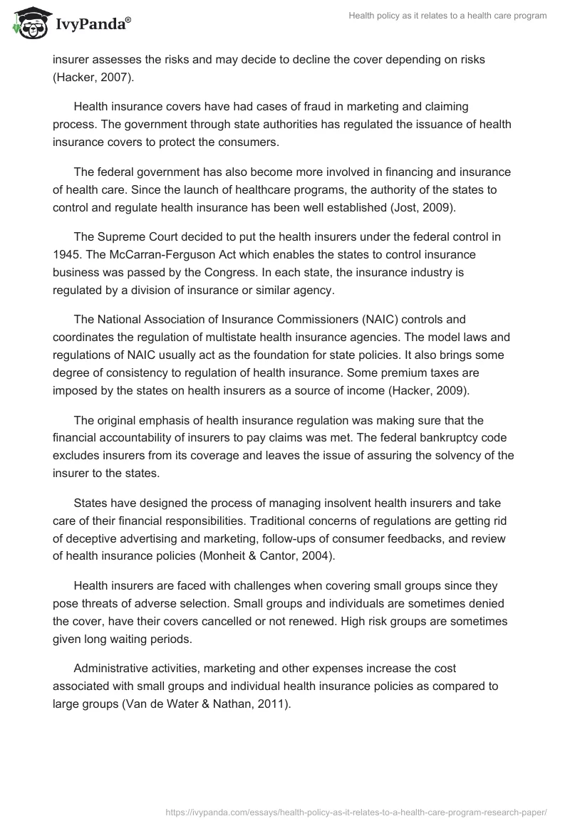 Health policy as it relates to a health care program. Page 5