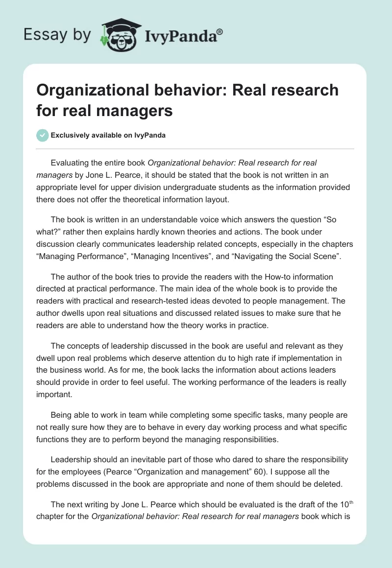 Organizational Behavior: Real Research for Real Managers. Page 1