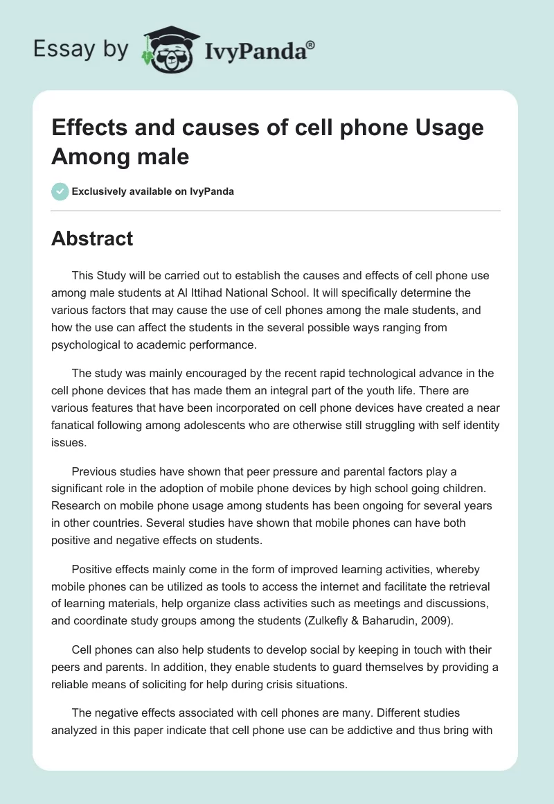 Effects and Causes of Cell Phone Usage Among Male. Page 1