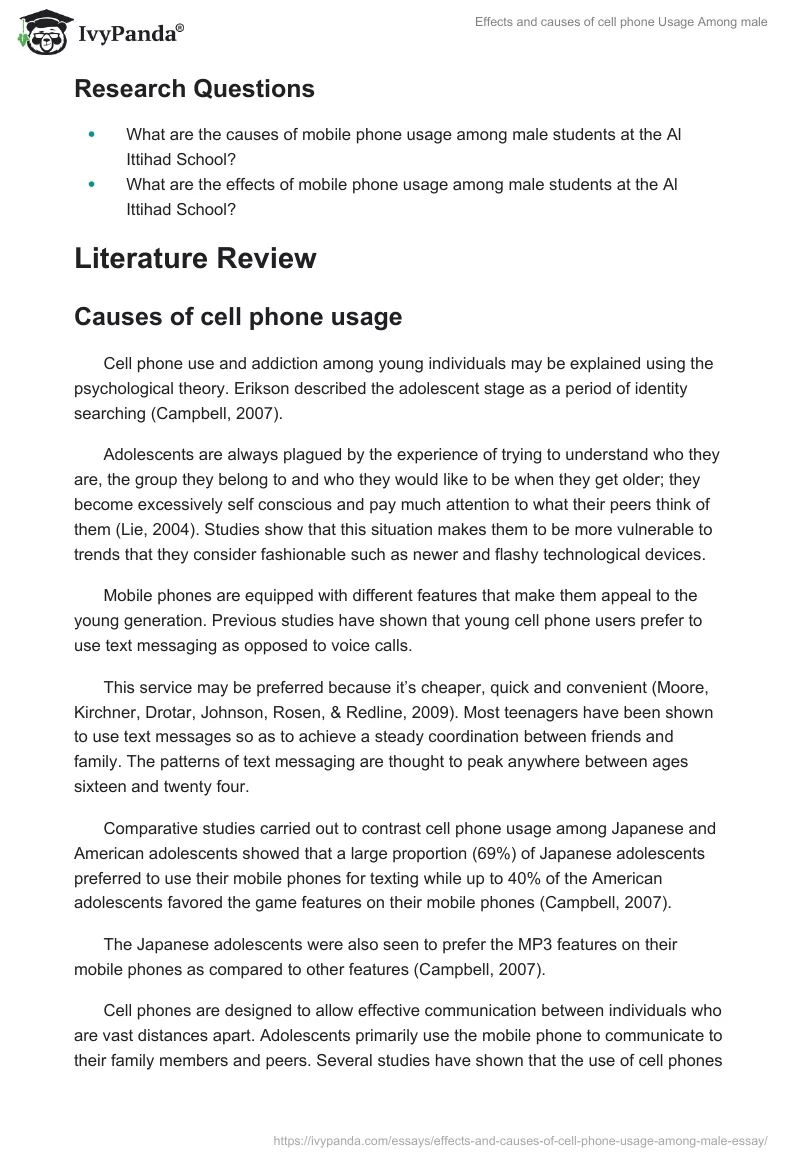 Effects and Causes of Cell Phone Usage Among Male. Page 4