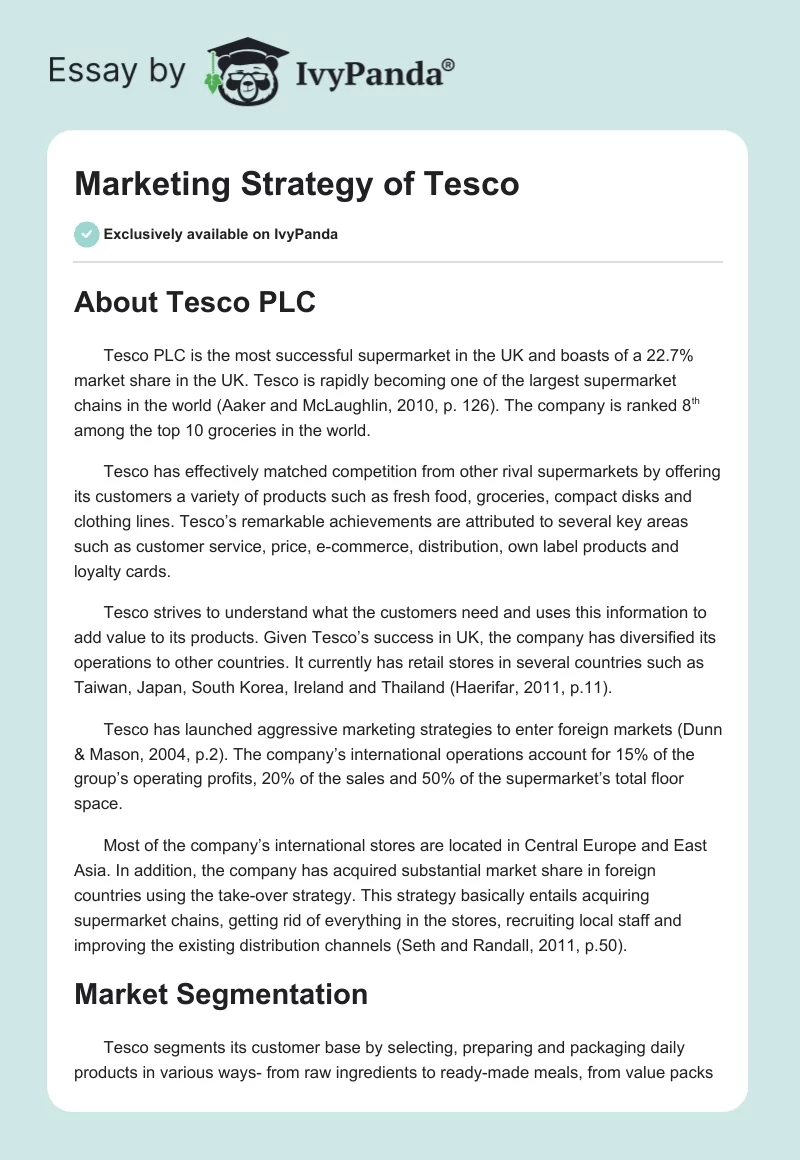 Marketing Strategy of Tesco. Page 1