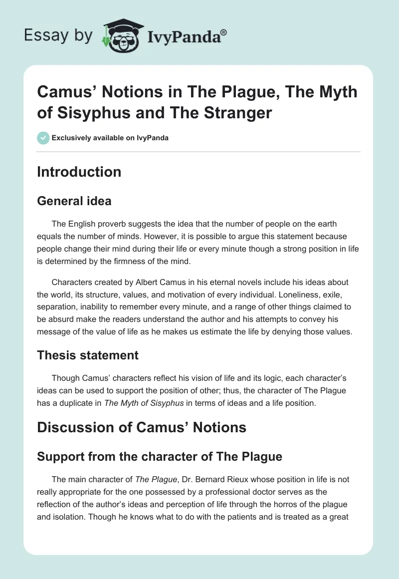 Camus’ Notions in The Plague, The Myth of Sisyphus and The Stranger. Page 1