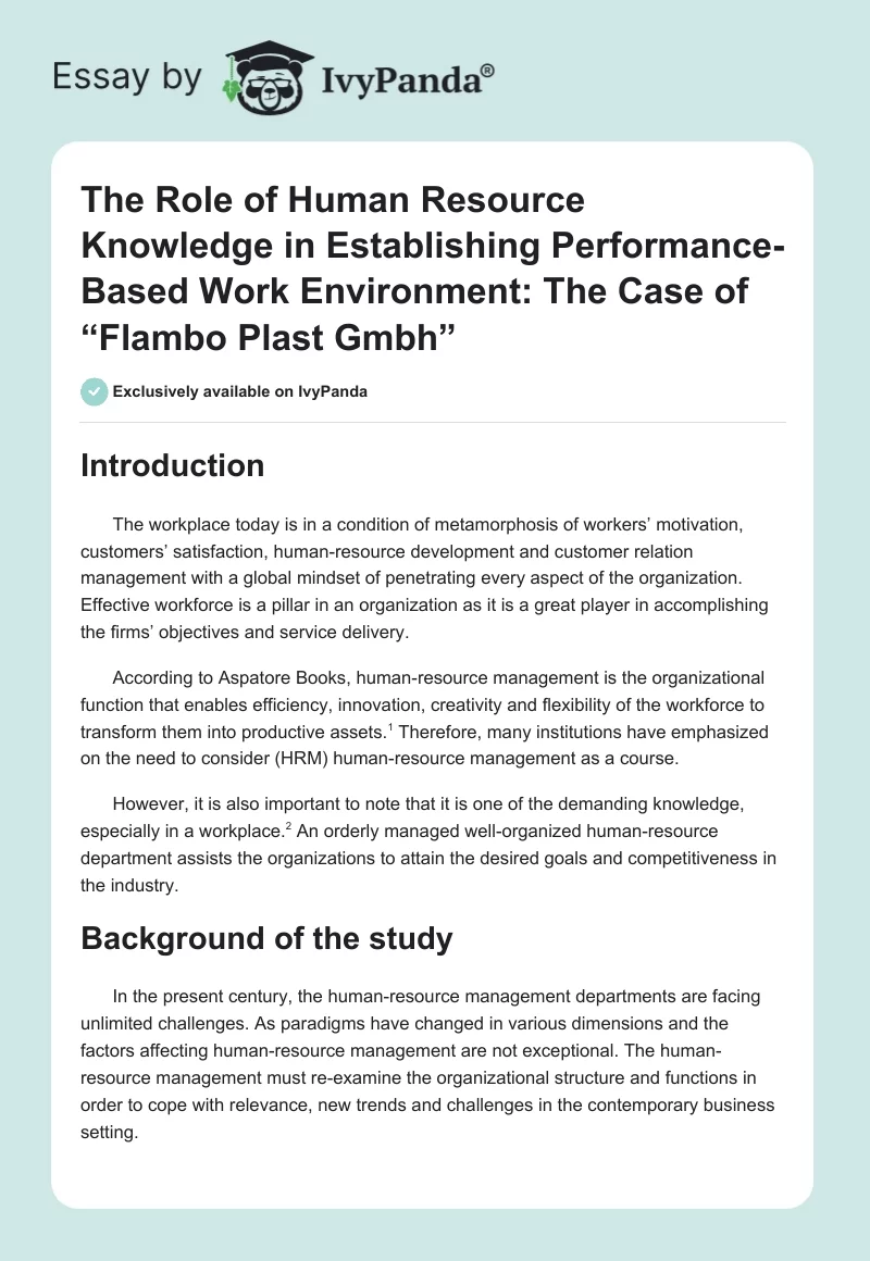 The Role of Human Resource Knowledge in Establishing Performance-Based Work Environment: The Case of “Flambo Plast Gmbh”. Page 1