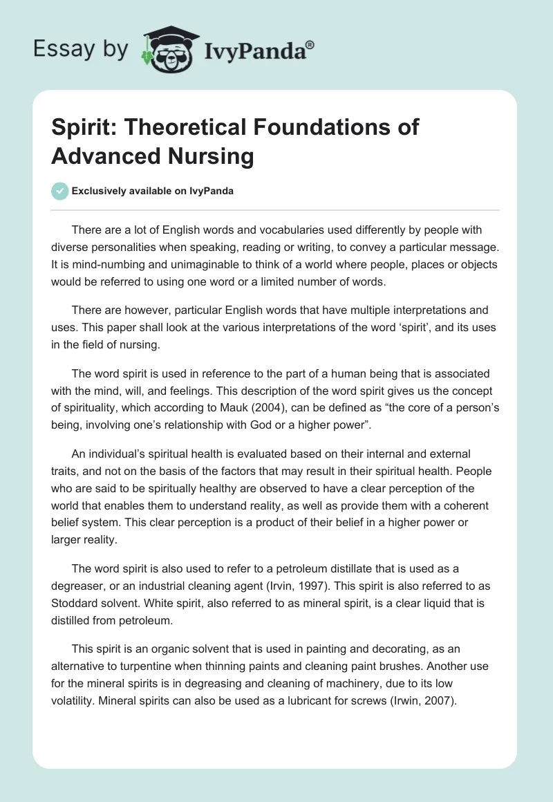 Spirit: Theoretical Foundations of Advanced Nursing. Page 1