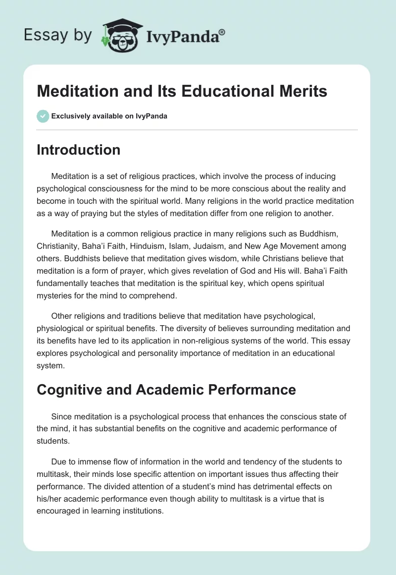 Meditation and Its Educational Merits. Page 1