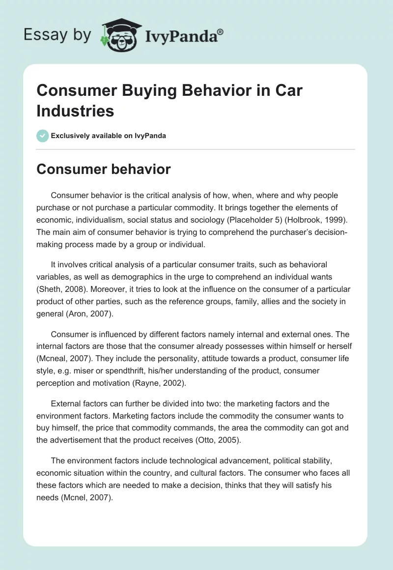 Consumer Buying Behavior in Car Industries. Page 1