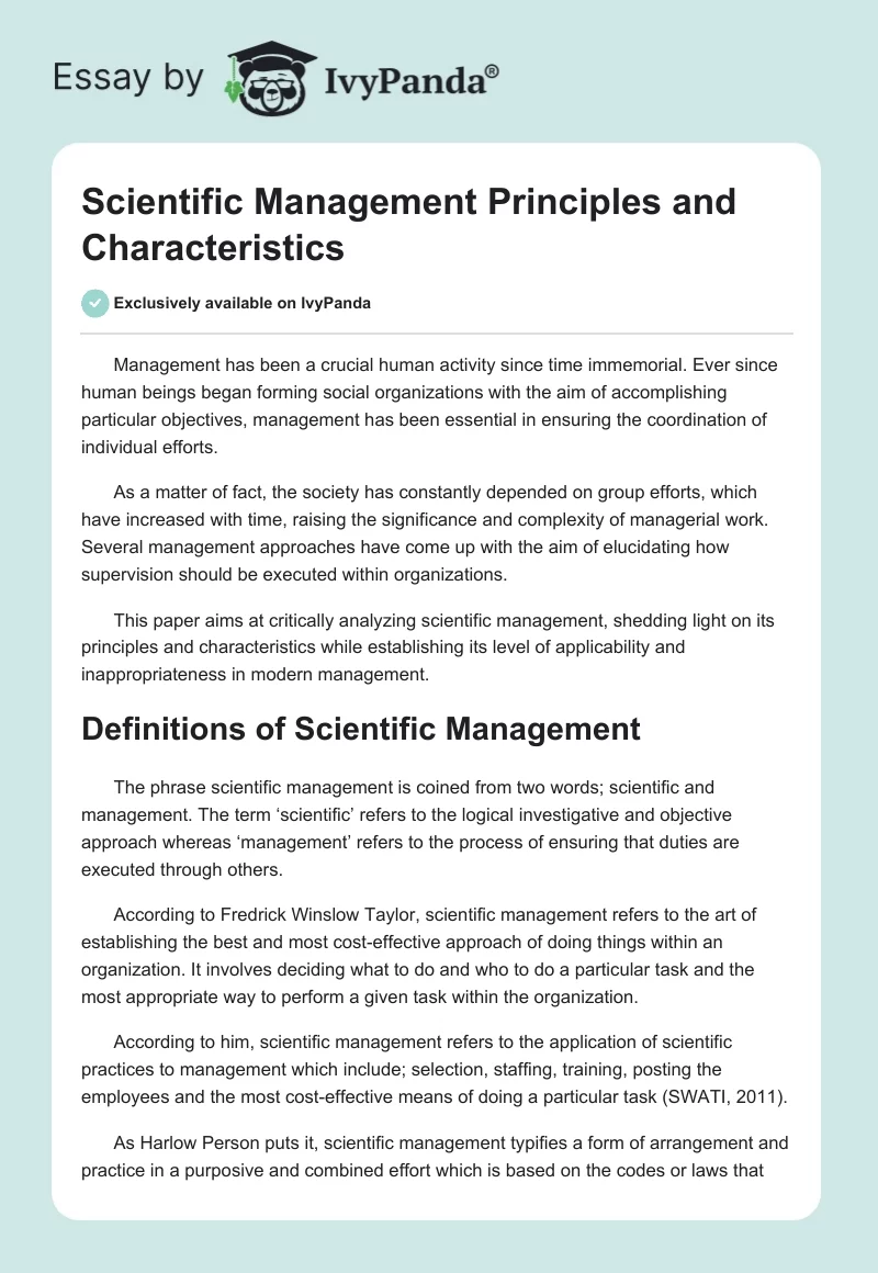 Scientific Management Principles and Characteristics. Page 1