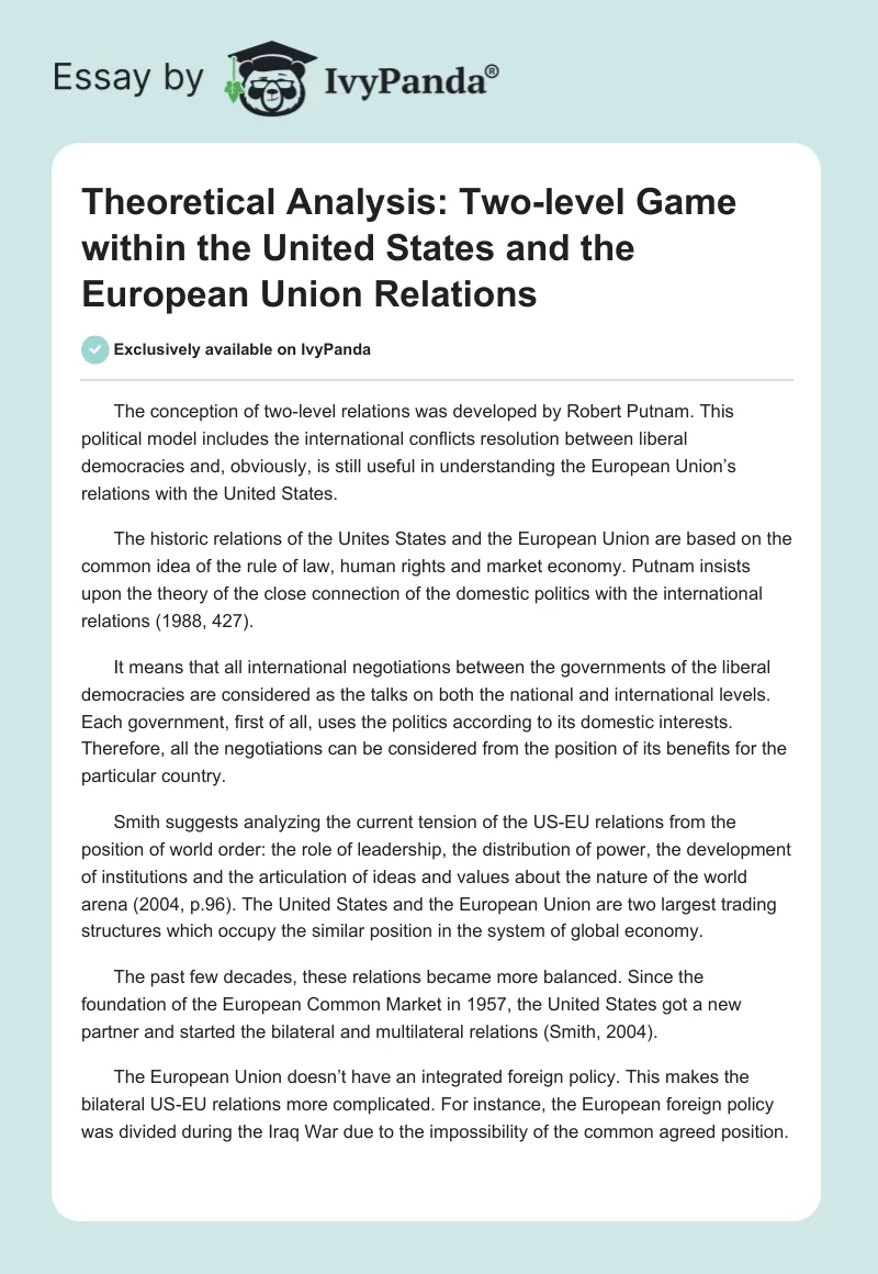 Theoretical Analysis: Two-level Game within the United States and the European Union Relations. Page 1
