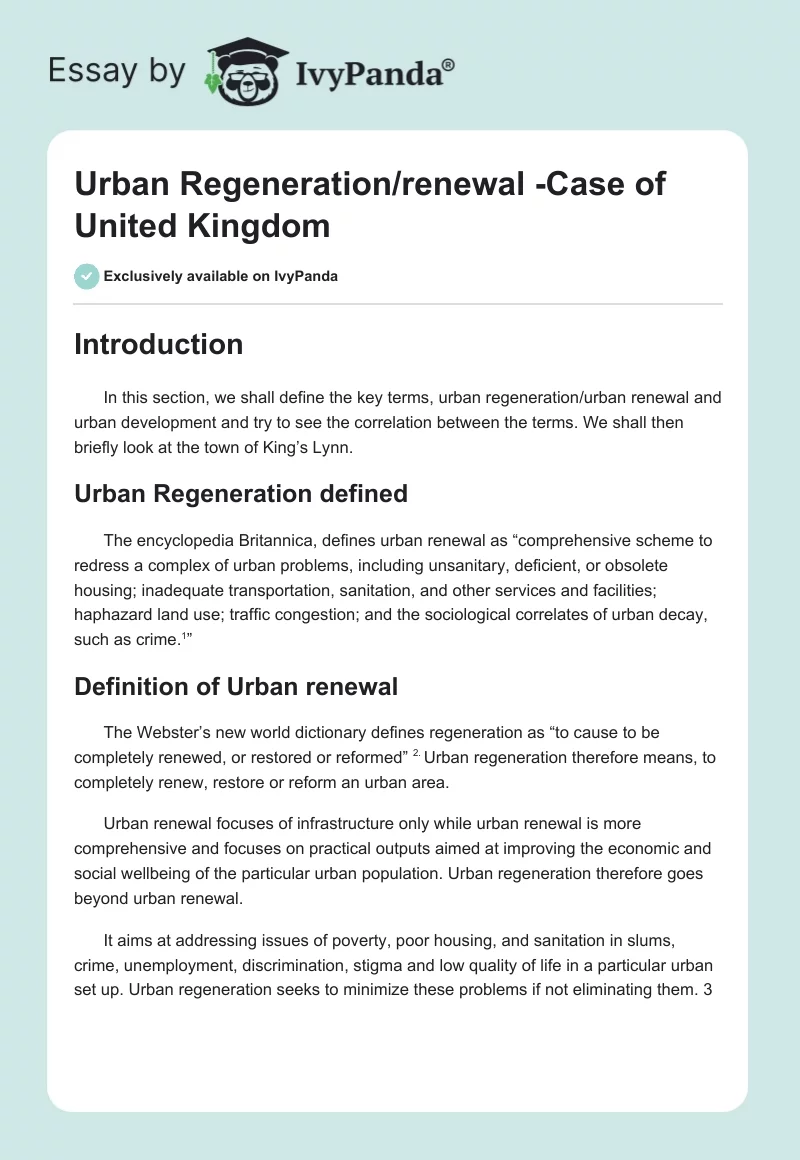 Urban Regeneration/renewal -Case of United Kingdom. Page 1