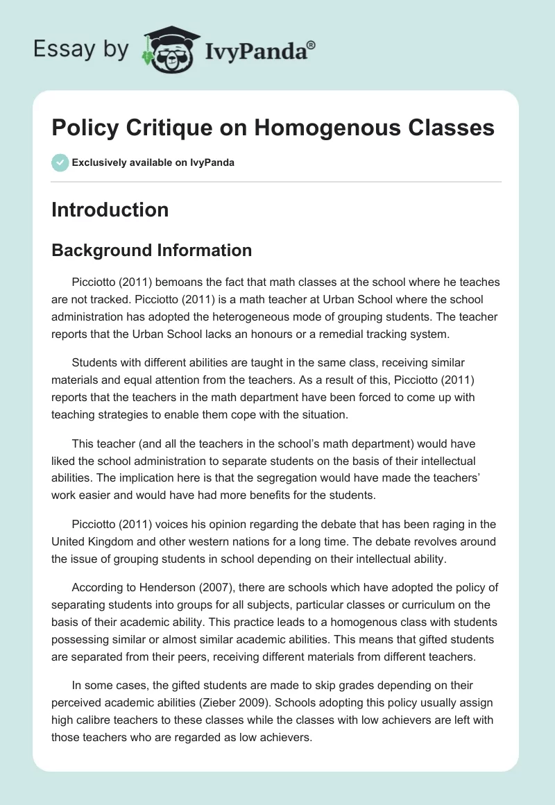 Policy Critique on Homogenous Classes. Page 1