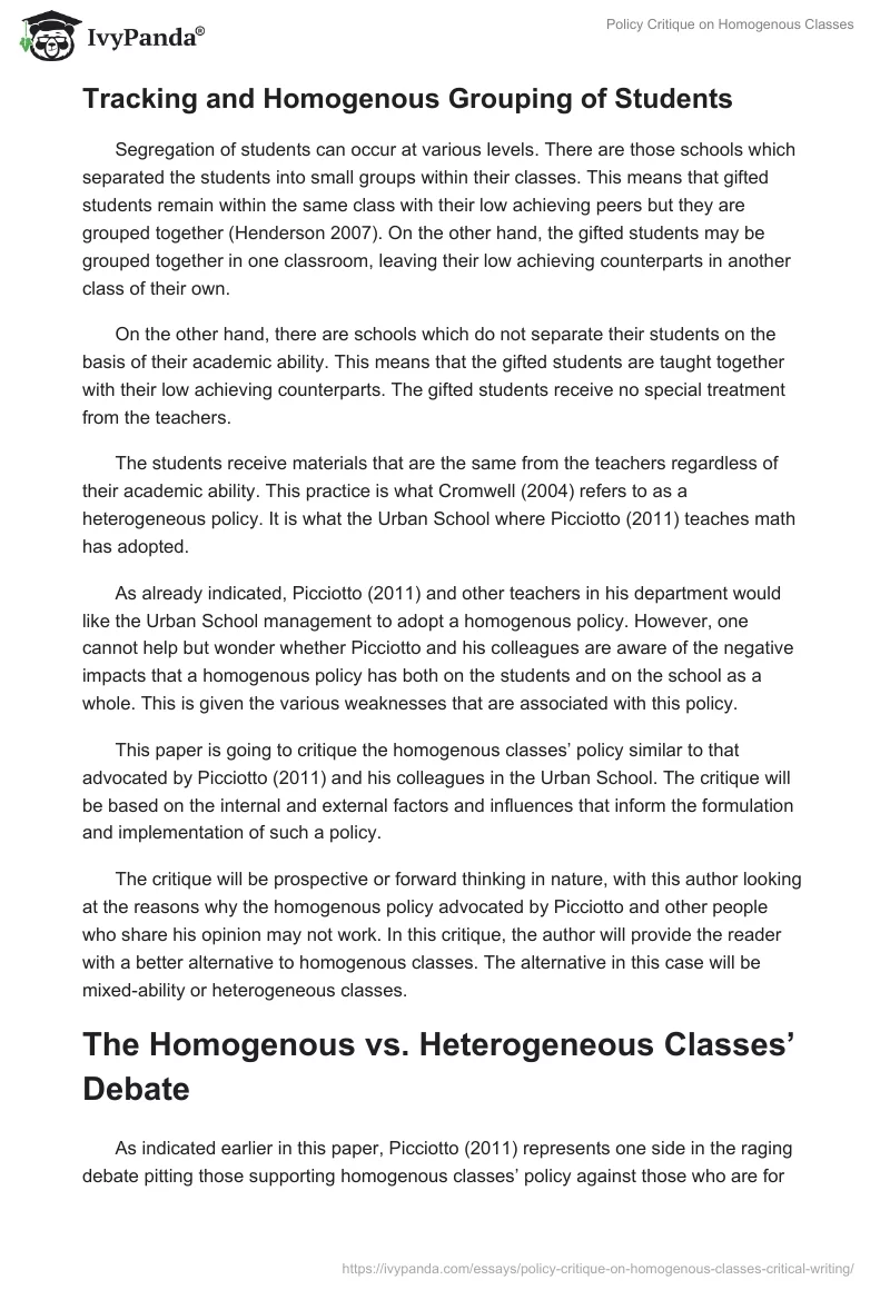 Policy Critique on Homogenous Classes. Page 2