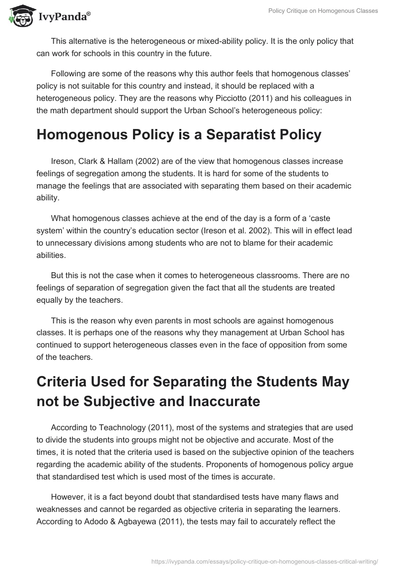 Policy Critique on Homogenous Classes. Page 5