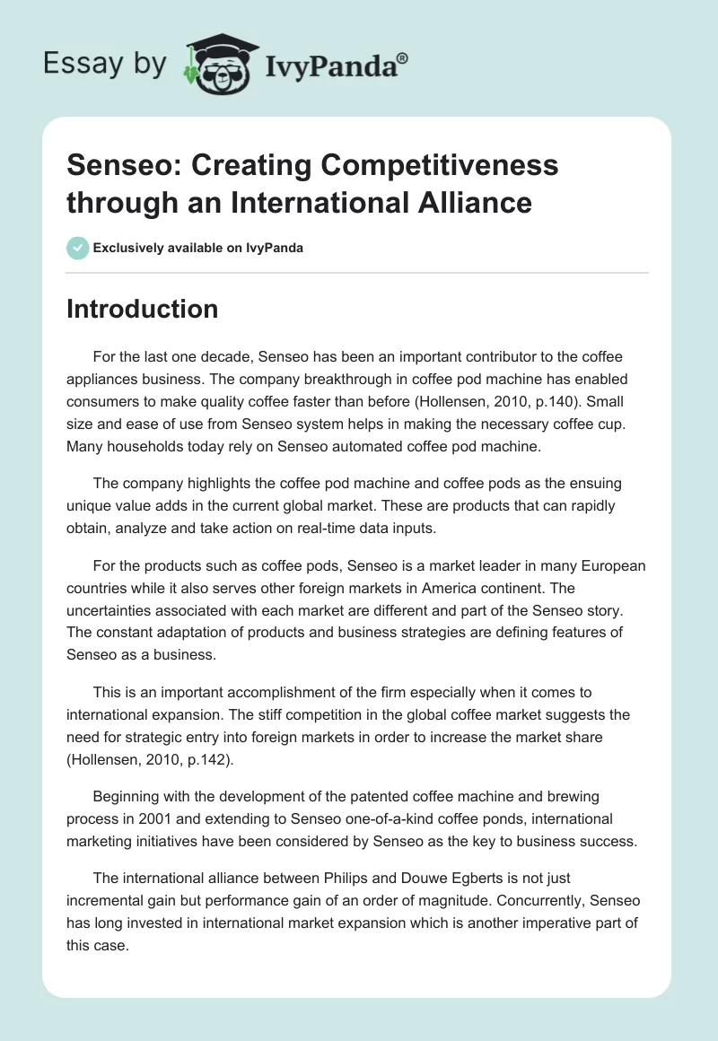 Senseo: Creating Competitiveness Through an International Alliance. Page 1