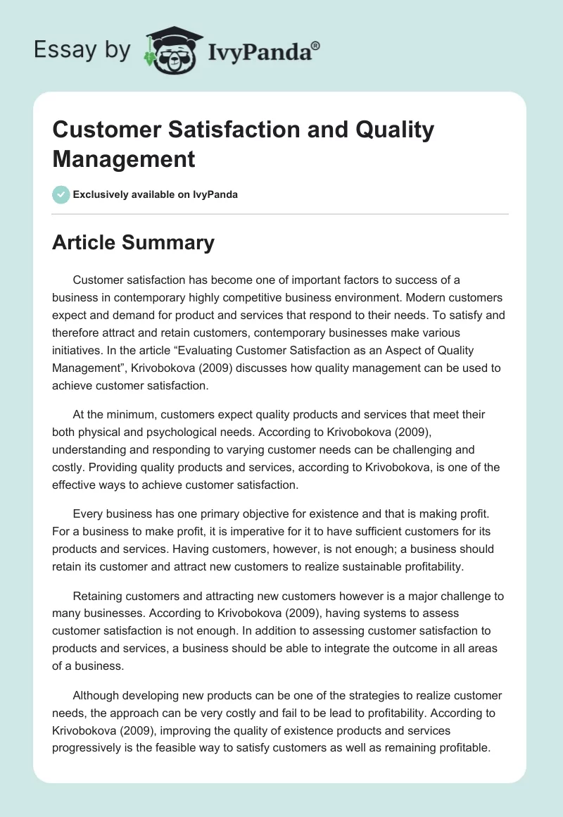 Customer Satisfaction and Quality Management. Page 1