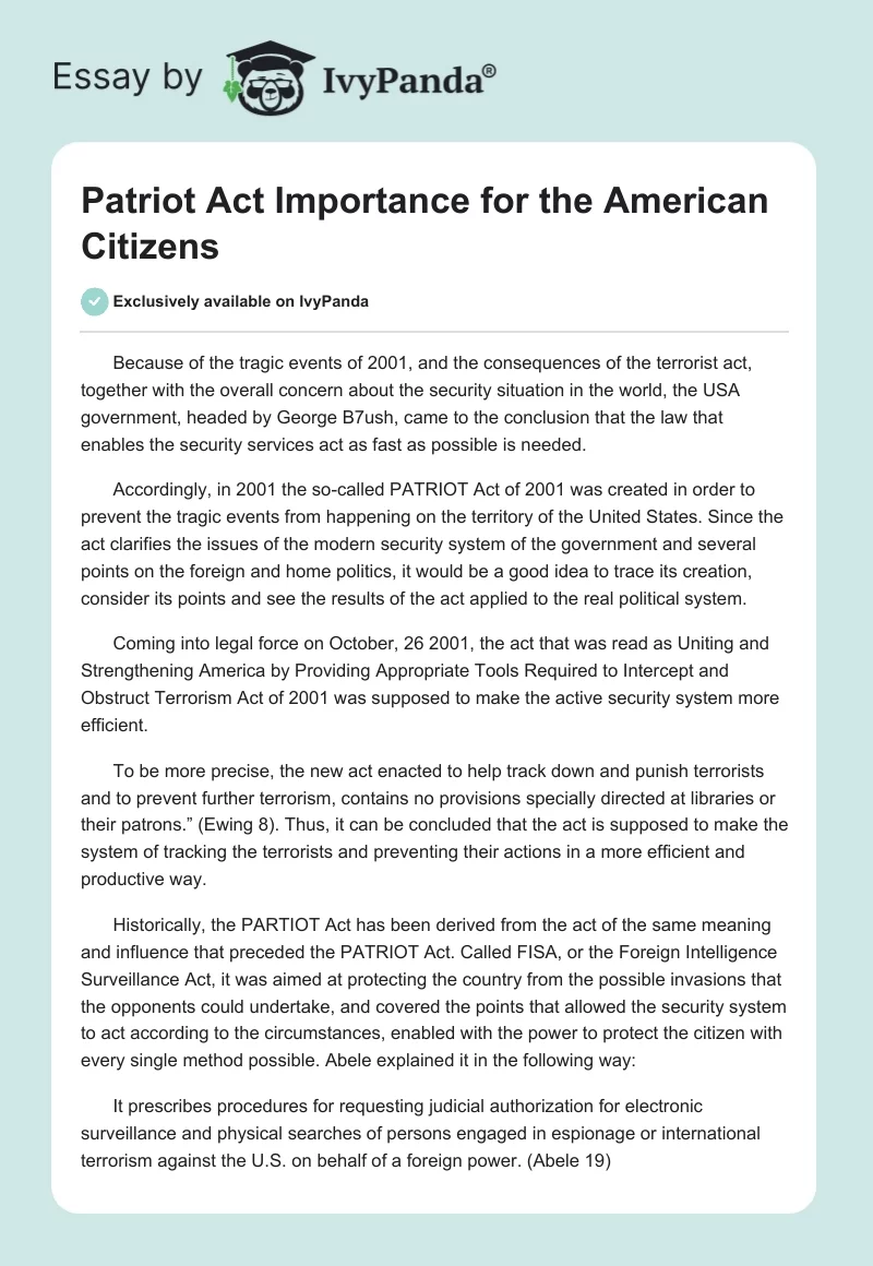 Patriot Act Importance for the American Citizens. Page 1
