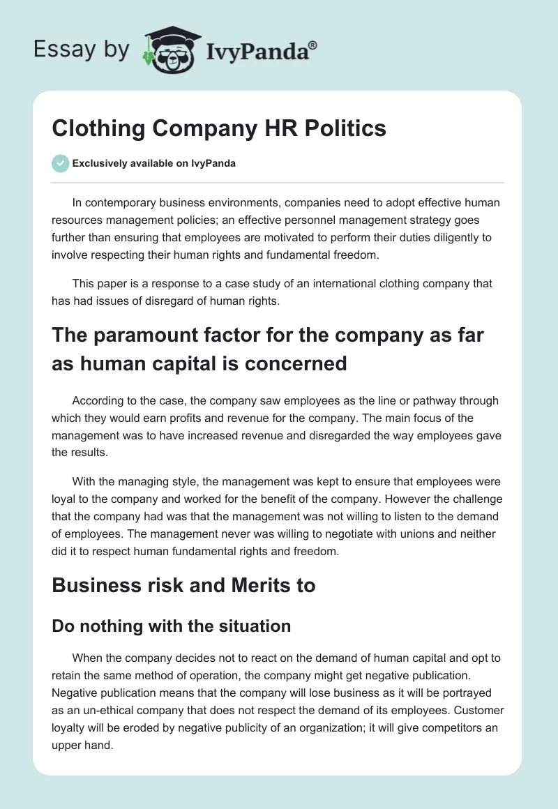 Clothing Company HR Politics. Page 1