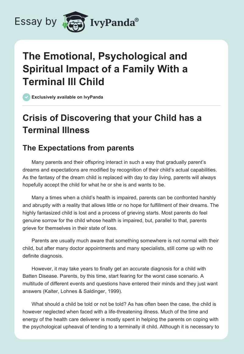 The Emotional, Psychological, and Spiritual Impact of a Family with a Terminal Ill Child. Page 1