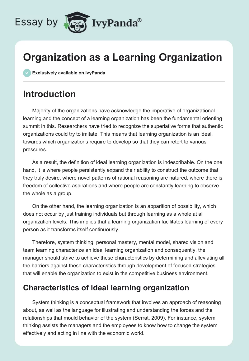 Organization as a Learning Organization. Page 1