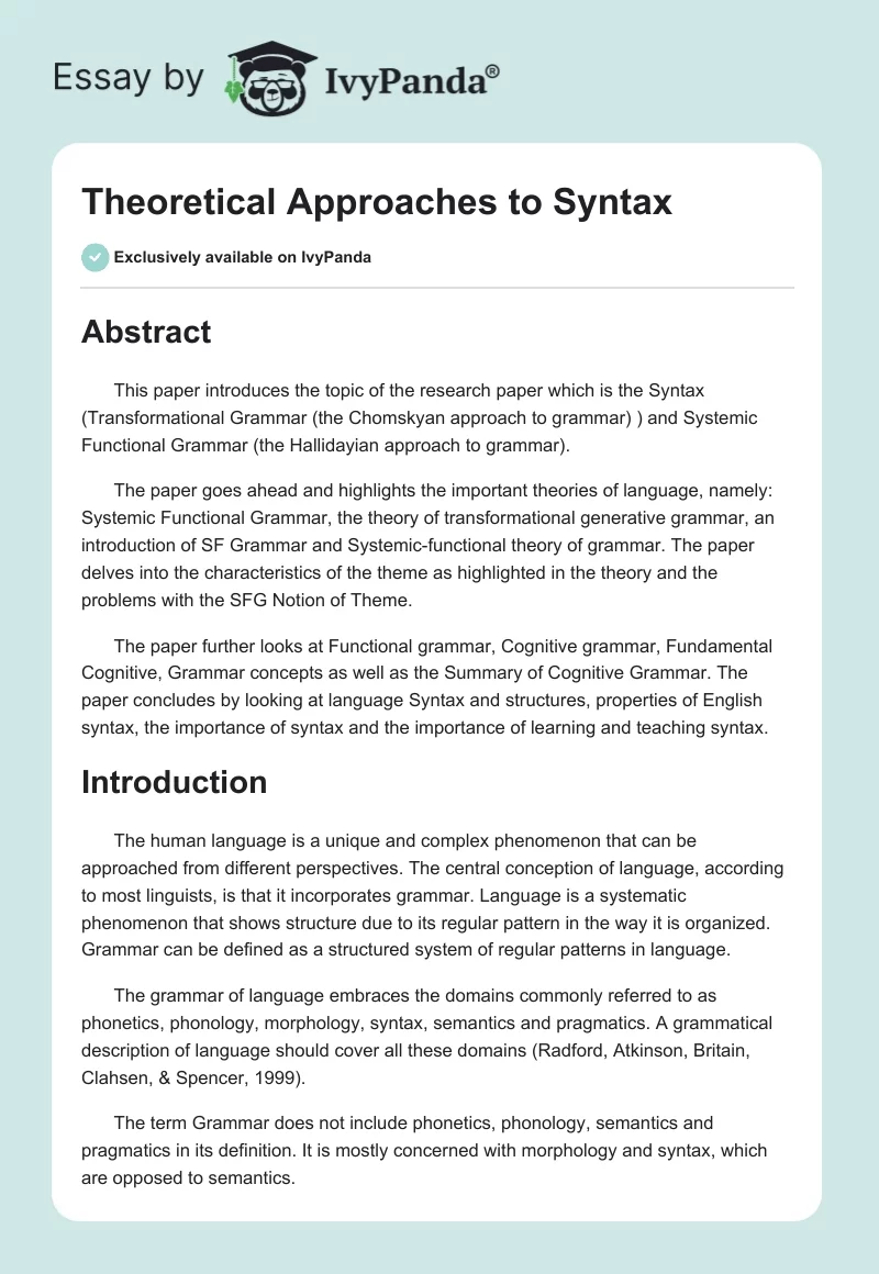 Theoretical Approaches to Syntax. Page 1