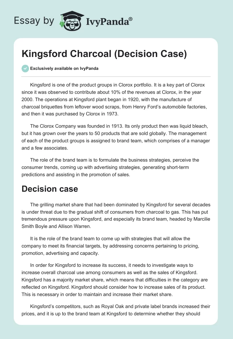 Kingsford Charcoal (Decision Case). Page 1