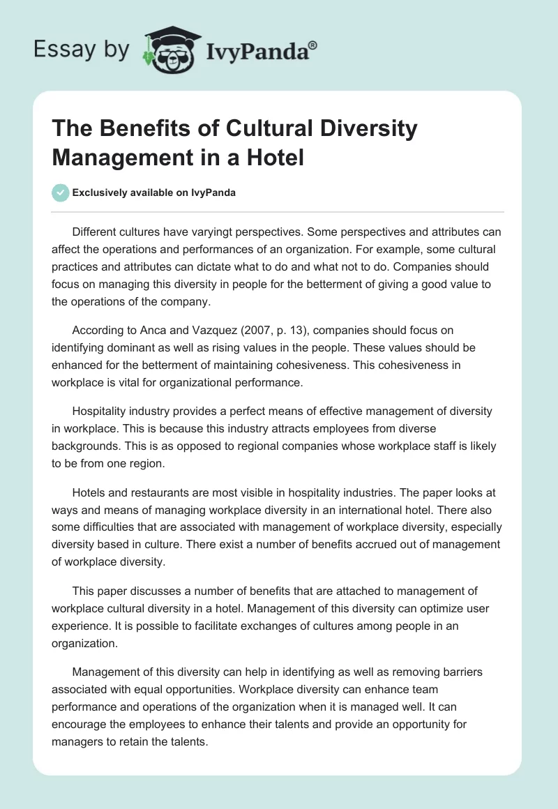 The Benefits of Cultural Diversity Management in a Hotel. Page 1