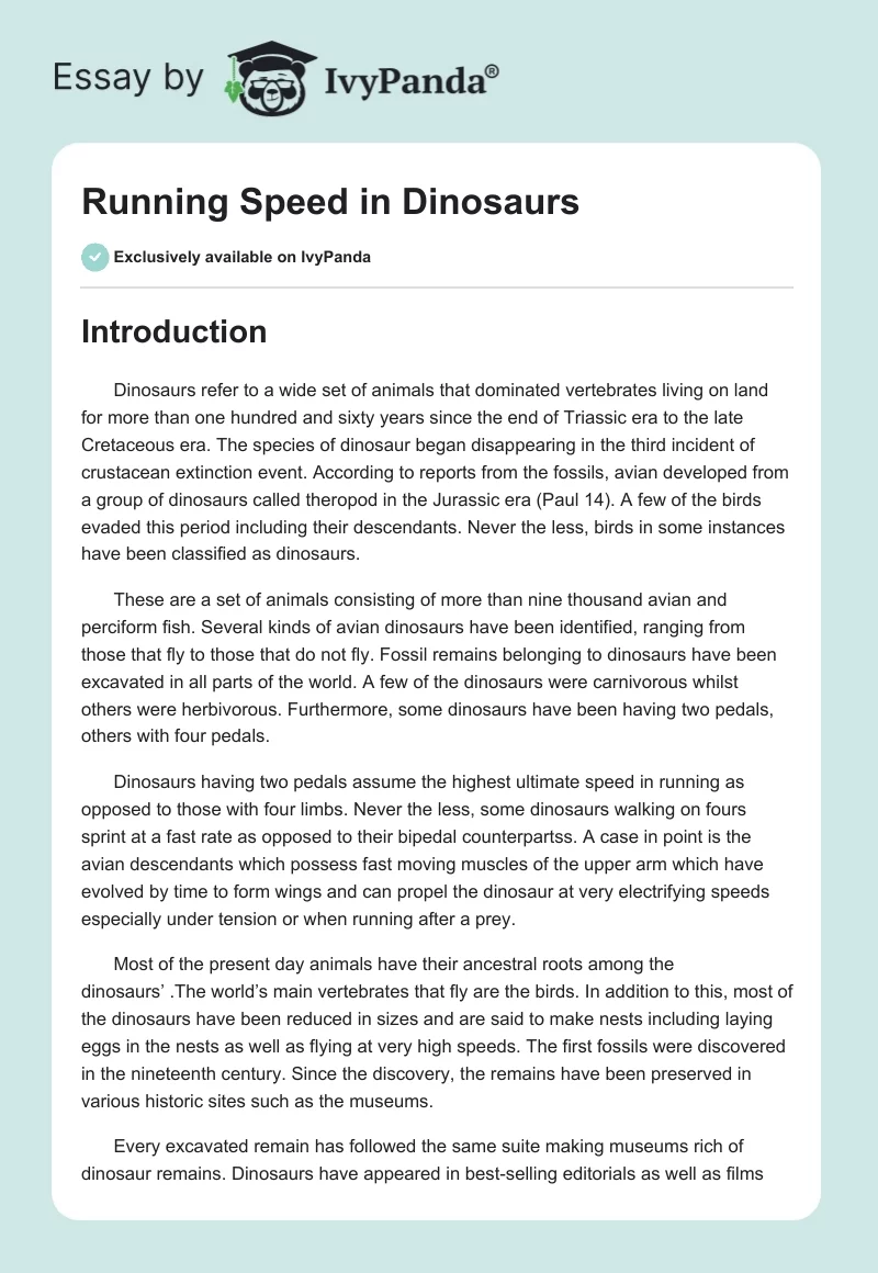 Running Speed in Dinosaurs. Page 1