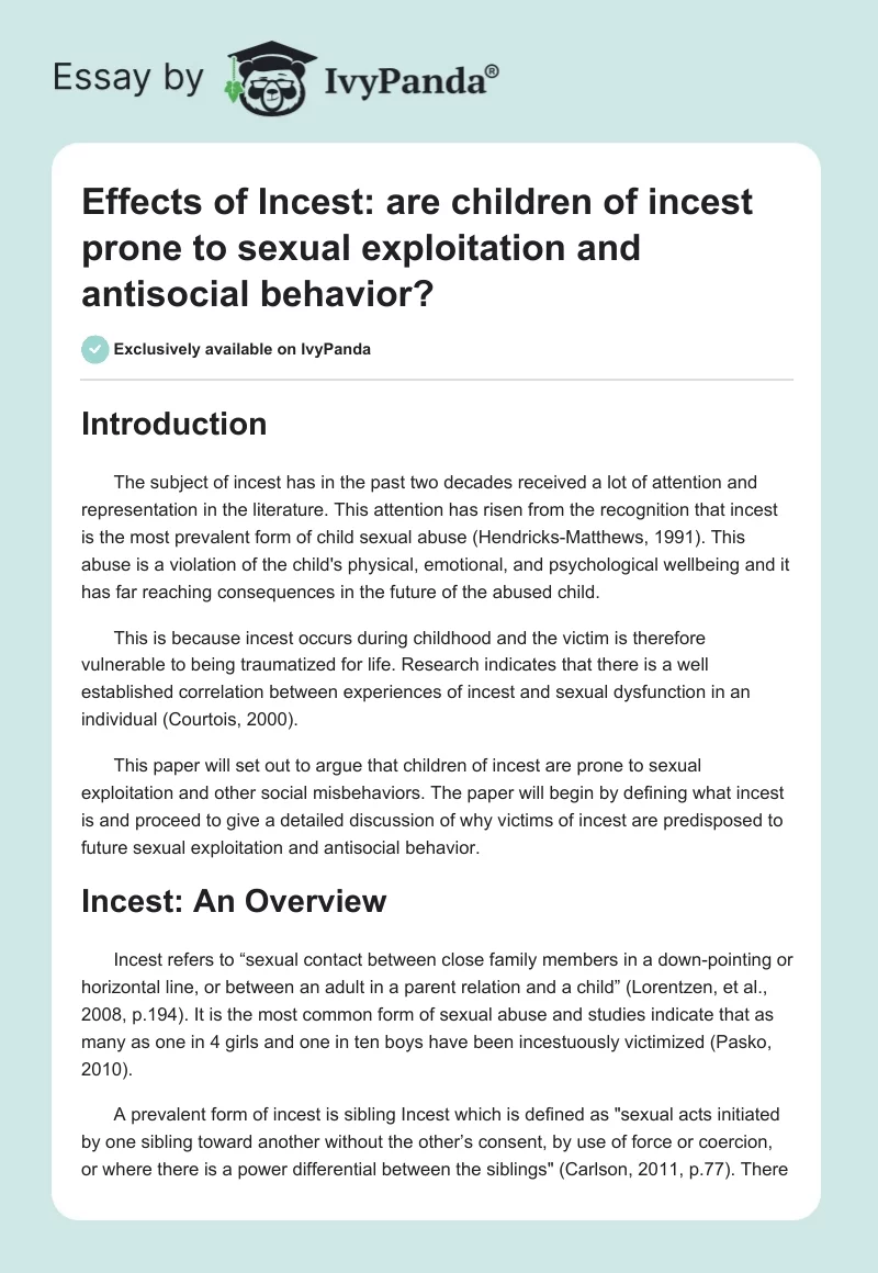 Effects of Incest: are children of incest prone to sexual exploitation and antisocial behavior?. Page 1