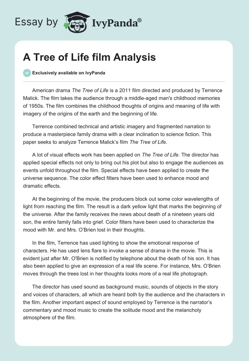 A Tree of Life film Analysis. Page 1