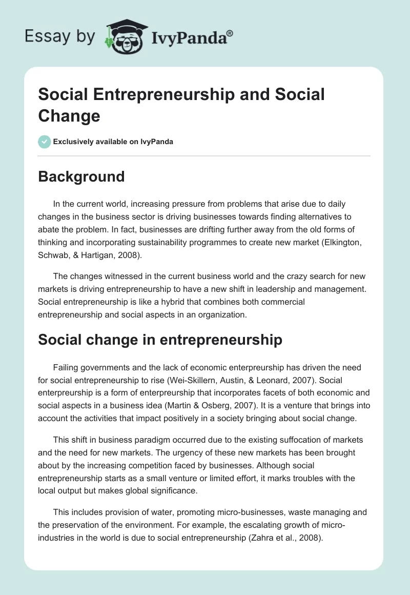 Social Entrepreneurship and Social Change. Page 1