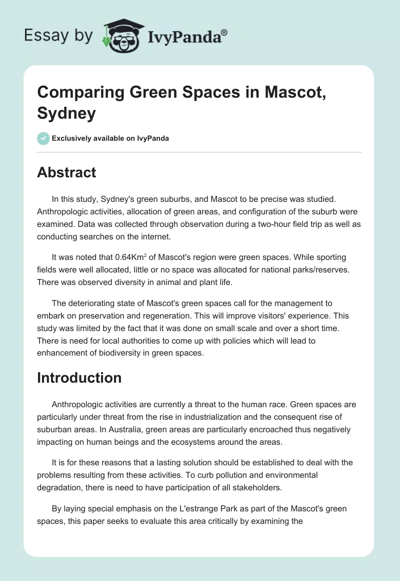 Comparing Green Spaces in Mascot, Sydney. Page 1