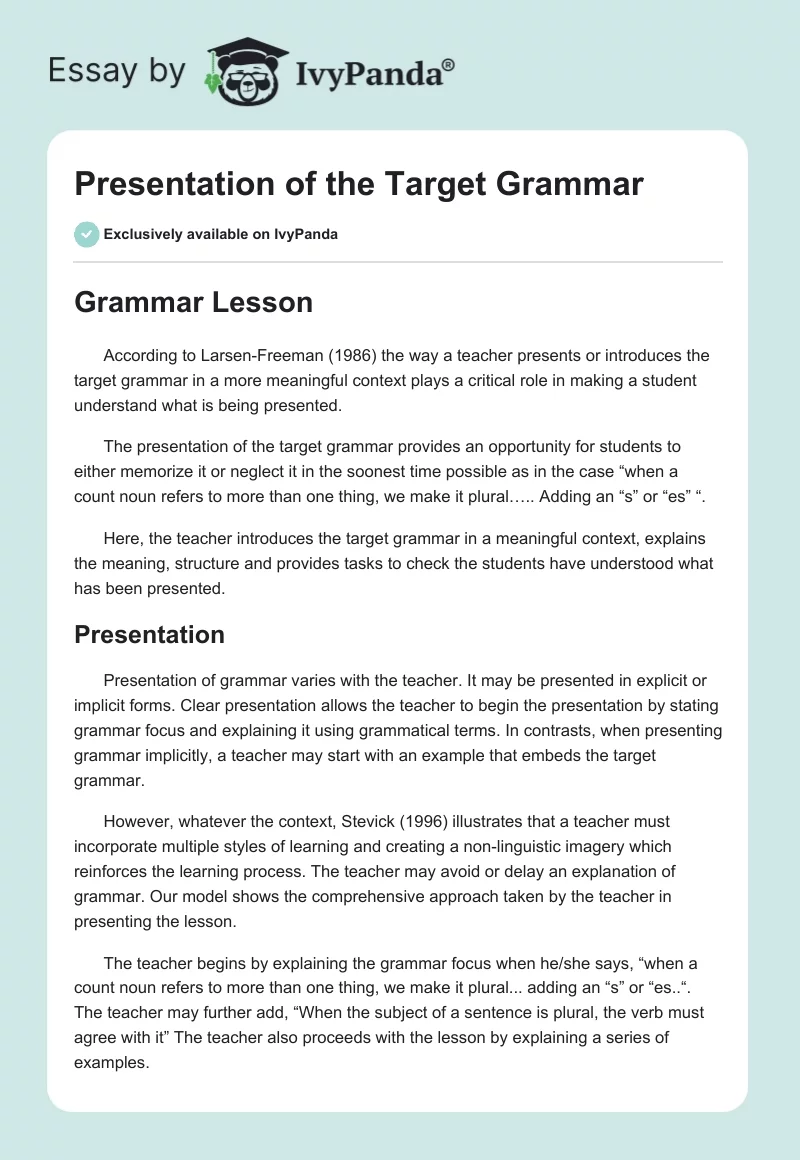 Presentation of the Target Grammar. Page 1