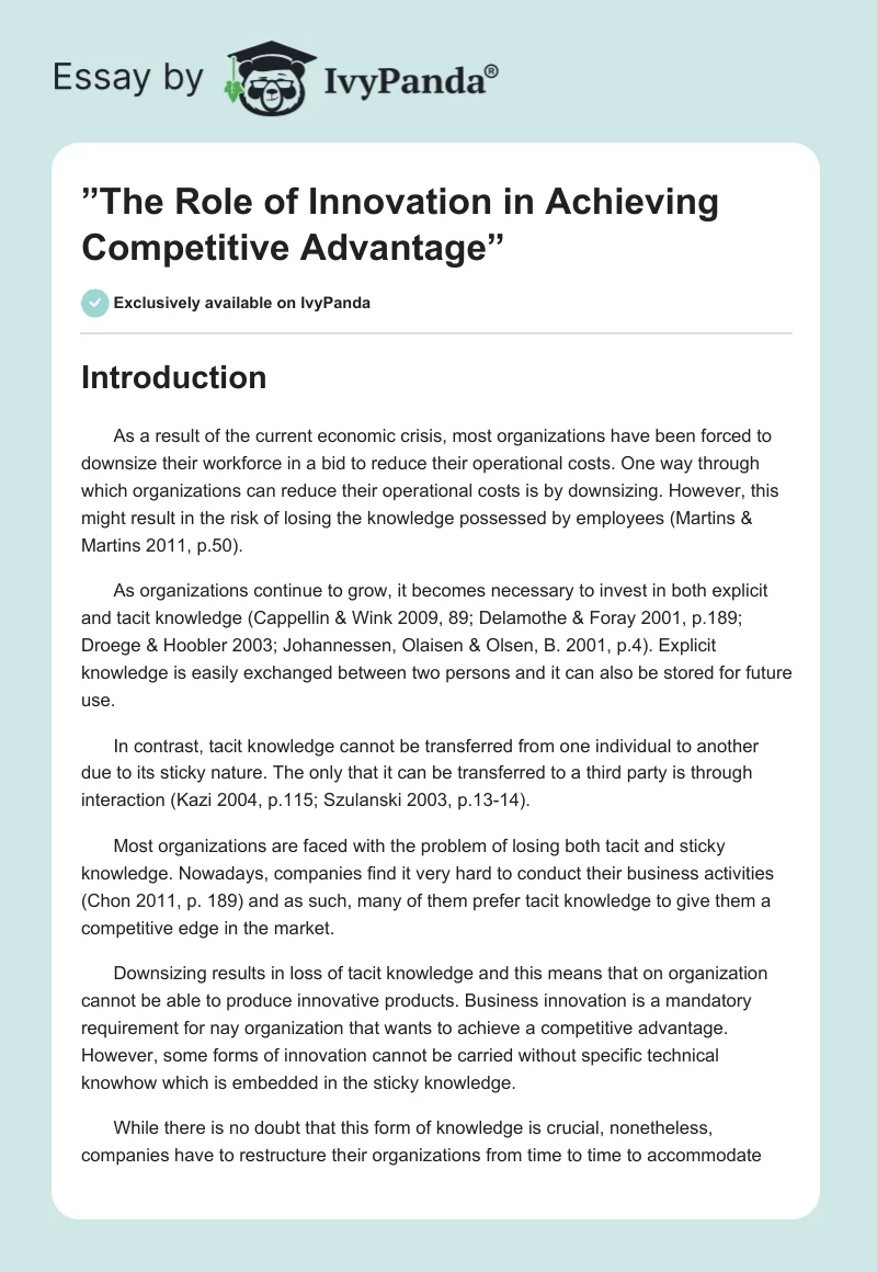 ”The Role of Innovation in Achieving Competitive Advantage”. Page 1