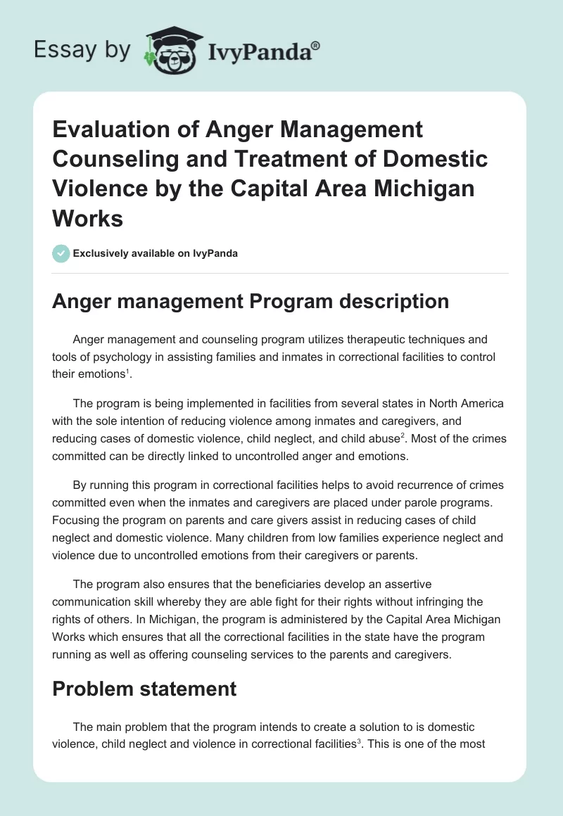 Evaluation of Anger Management Counseling and Treatment of Domestic Violence by the Capital Area Michigan Works. Page 1