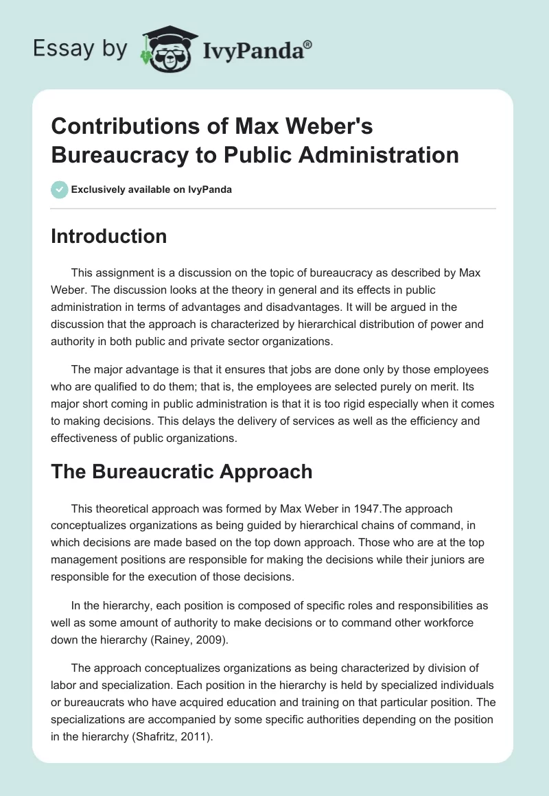 Contributions of Max Weber's Bureaucracy to Public Administration. Page 1