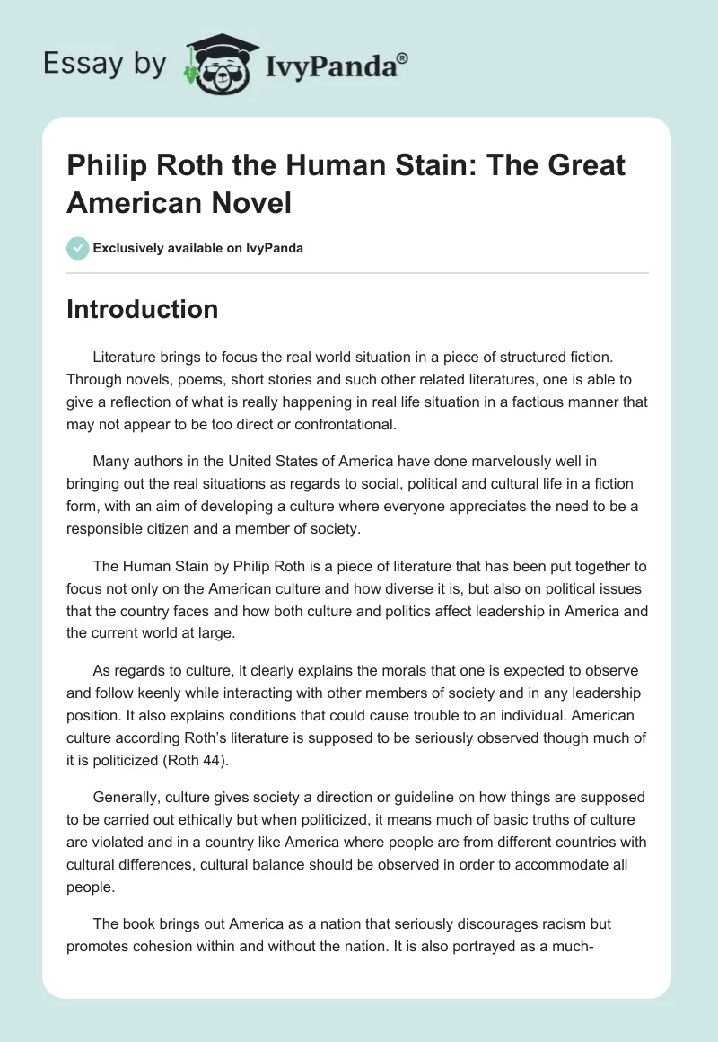 Philip Roth the Human Stain: The Great American Novel. Page 1
