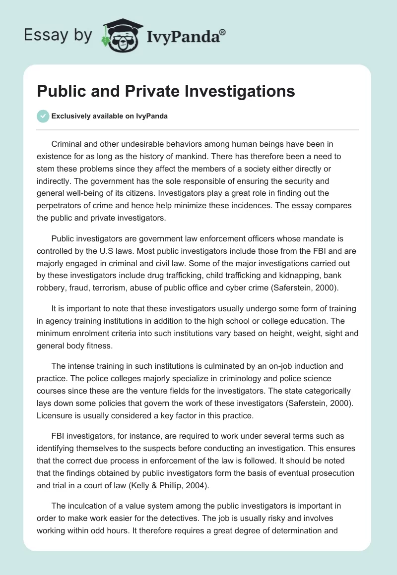 Public and Private Investigations. Page 1