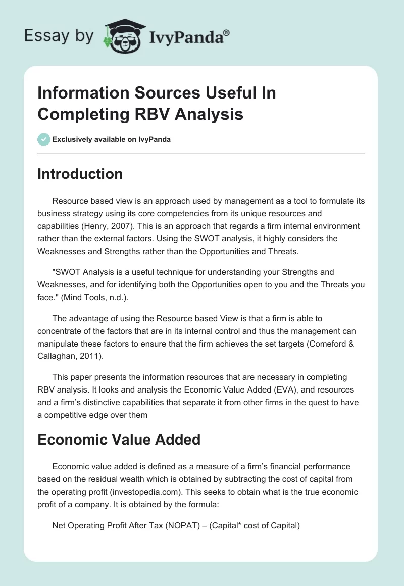 Information Sources Useful In Completing RBV Analysis. Page 1