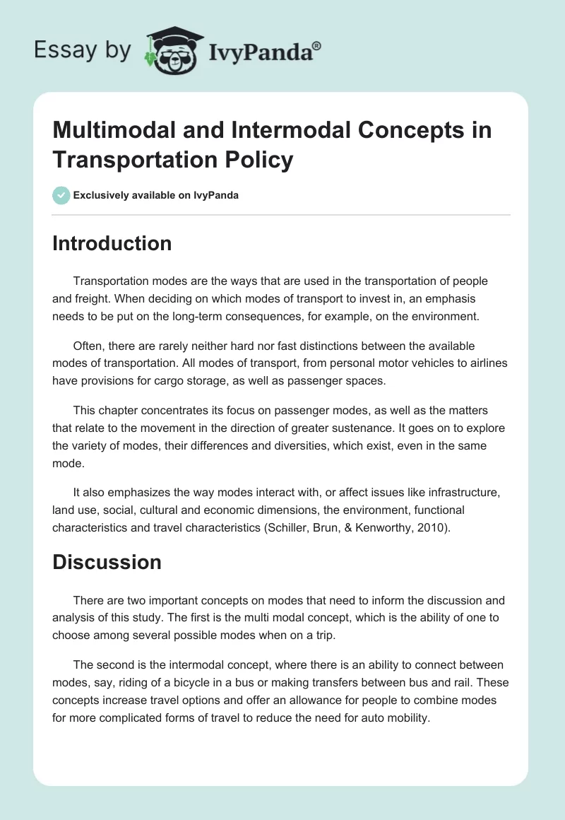 Multimodal and Intermodal Concepts in Transportation Policy. Page 1