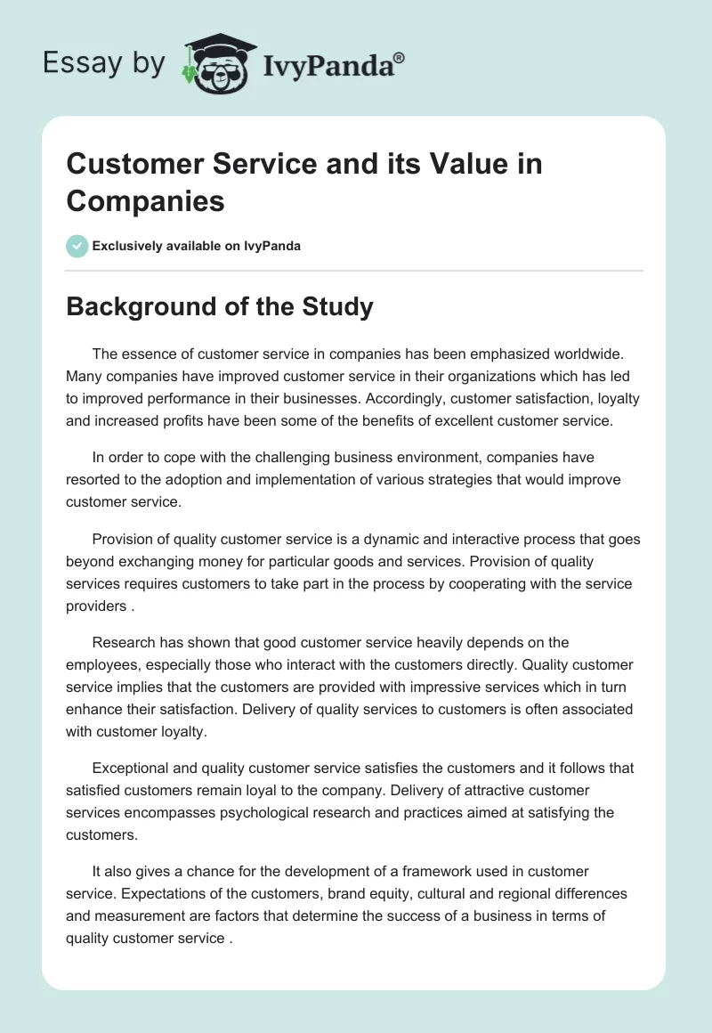 Customer Service and Its Value in Companies. Page 1