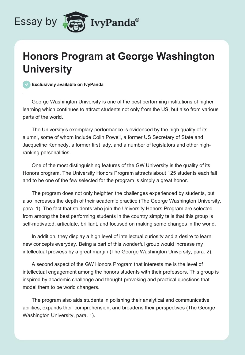 Honors Program at George Washington University. Page 1