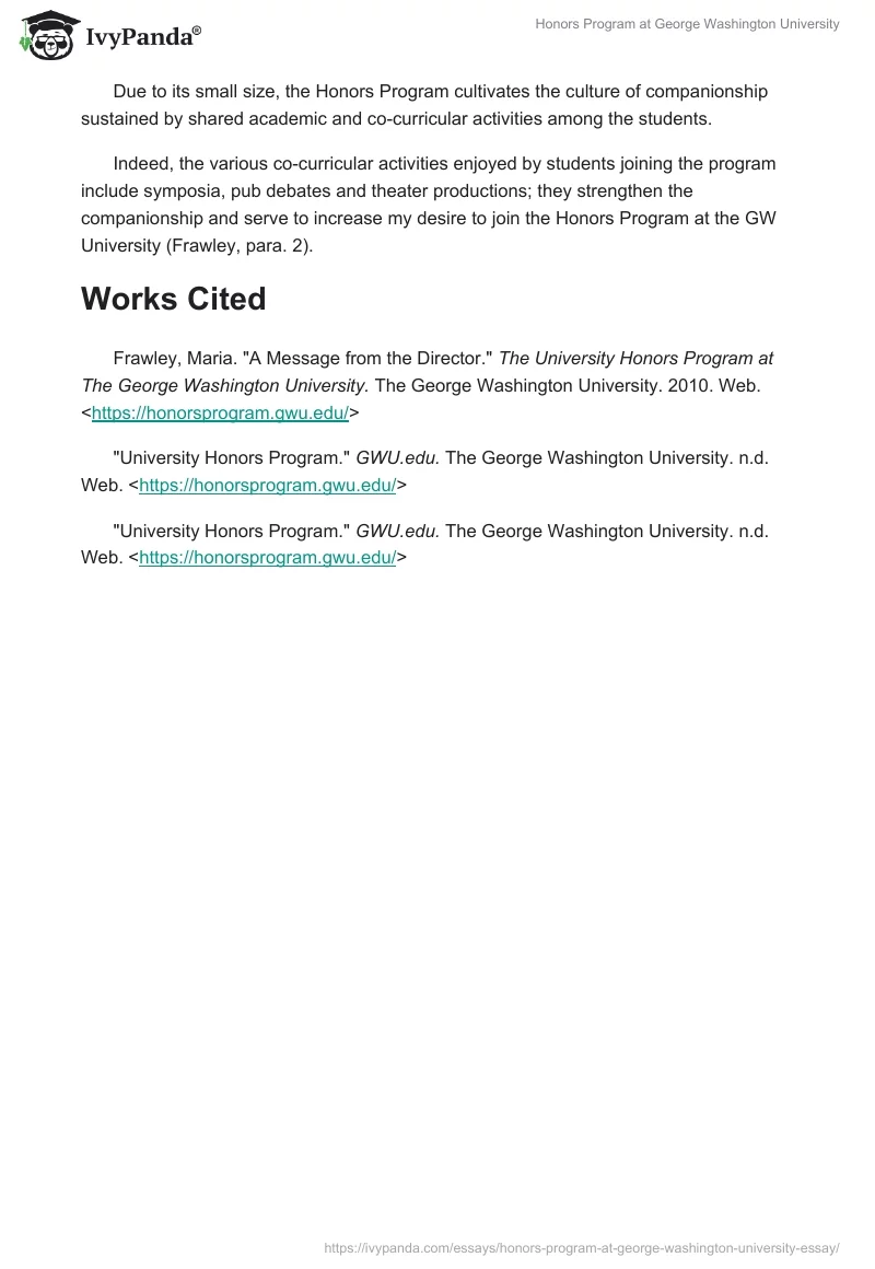 Honors Program at George Washington University. Page 2