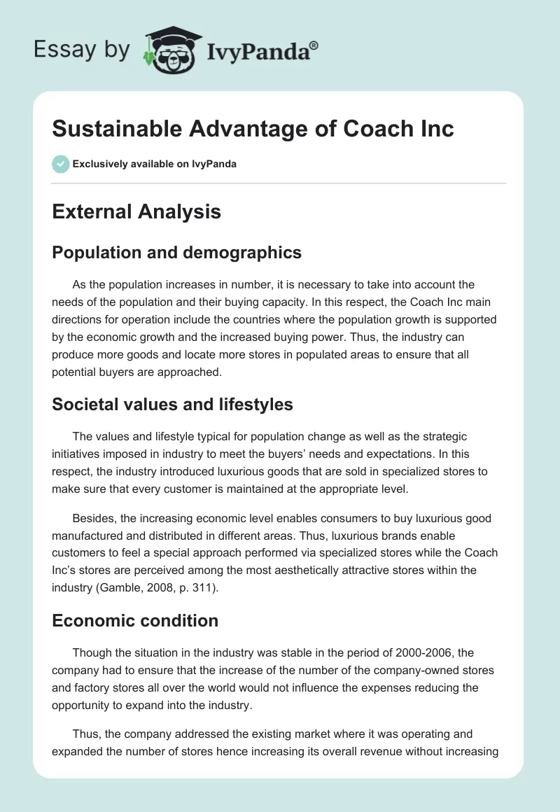Sustainable Advantage of Coach Inc. Page 1